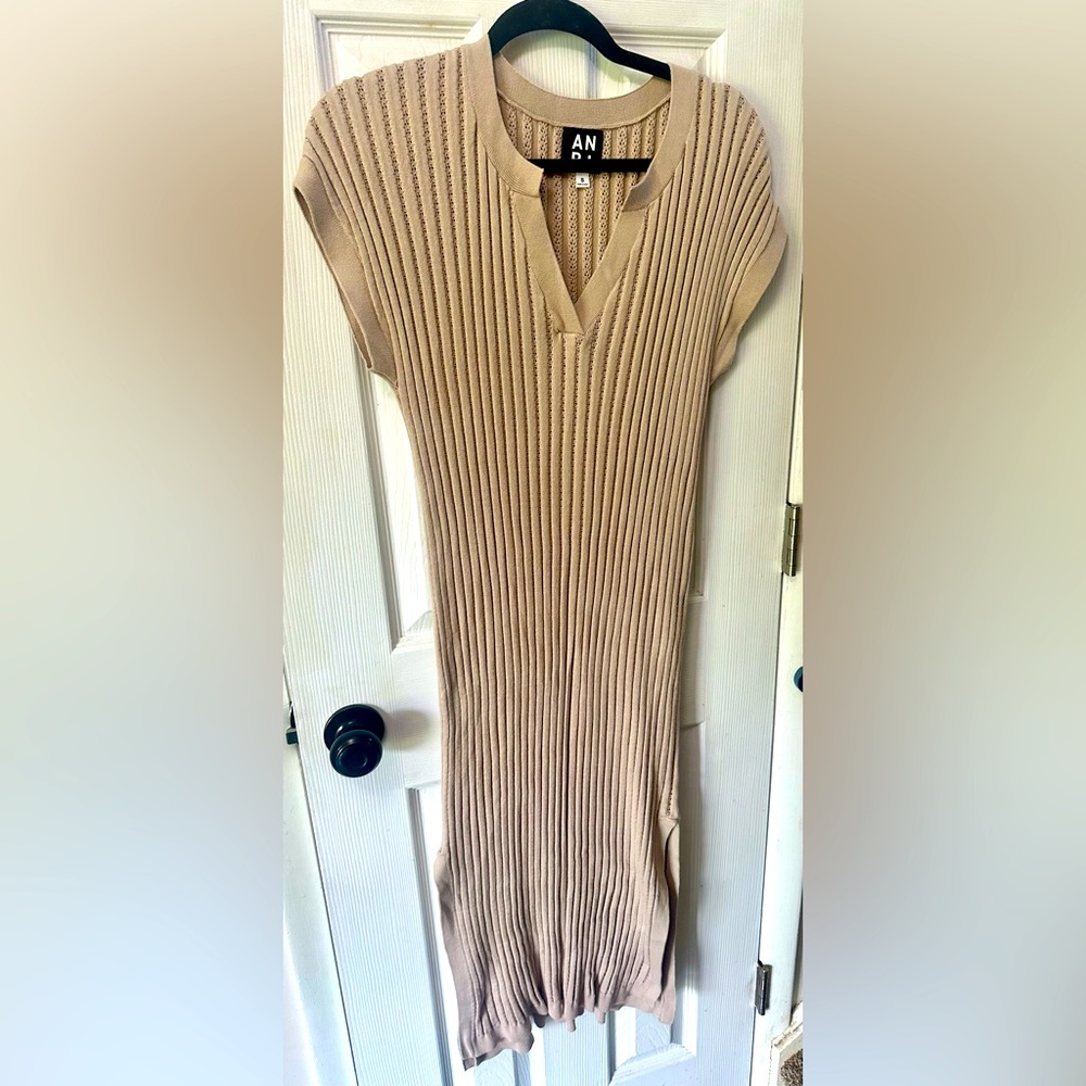 ANR+ Alp N Rock Ribbed Knit Dress Cap Sleeve Midi Tan Size Small